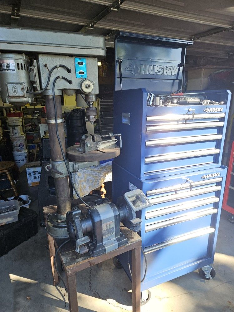 Kobalt Heavy Duty Rolling Toolbox Full With Tools Including Keys And Power Drill 12 Speed And Vice, And Metal Table All For The Same Price