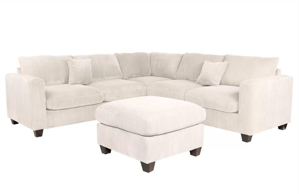 NEW Modern Sectional Sofa and Ottoman Set Ivory White Cream Beige Soft Fabric Ashley Style BIG Discount Furniture Clearance SALE Designer Couch Chic