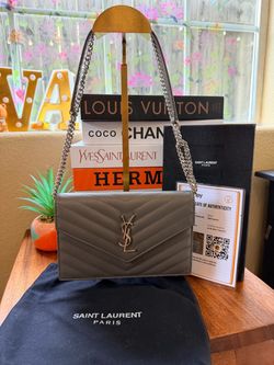 YSL Saint Laurent Cassandre Gray Chevron Chain Wallet WOC Full Set with COA