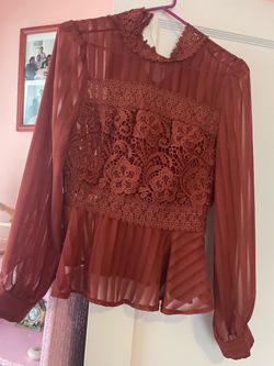 Rust Sheer Lace Panel Long Sleeve Blouse