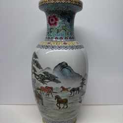 Large Chinese Famille Rose Porcelain Vase Tianchi Lake Horses  - 18” Large Vase