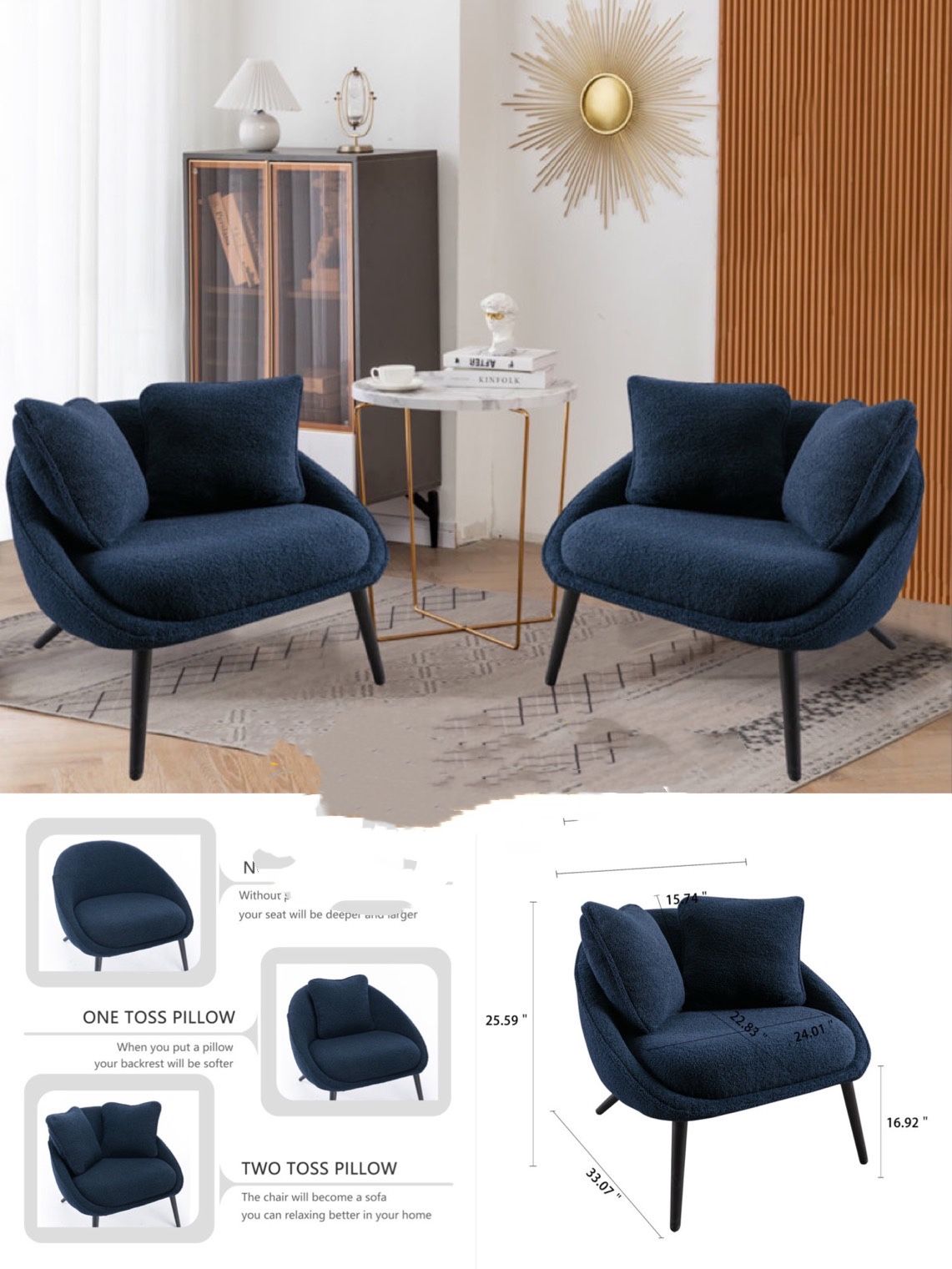 Set Of 2 Armchair navy with 2 pillows wood legs