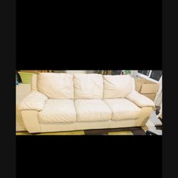 Beige Cream, Off White Real Leather Couch, 7 Ft Long 