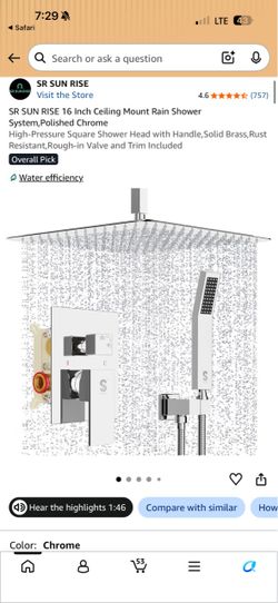 SR SUN RISE 16 Inch Ceiling Mount Rain Shower System, Polished Chrome