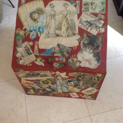 Painted Tin Slanted Storage Or Toy Box With Collages Represents The 1900’s Era, Vintage And Unique Box.