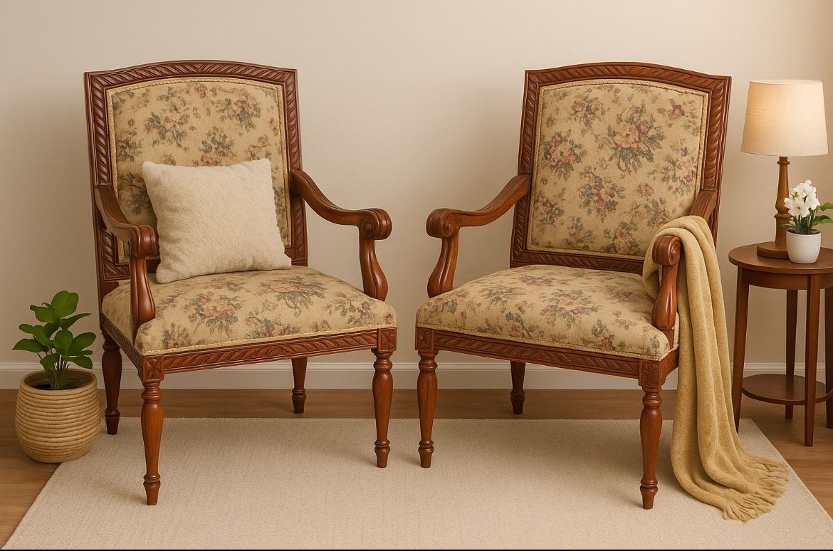 Elegant Carved Wood Armchairs – Timeless Floral Upholstery – Pair