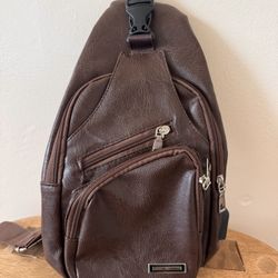Brown Faux Leather Sling Bag w USB Port