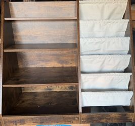 Rustic Wood Bookshelf with Fabric Bins
