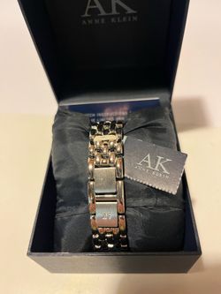Anne Klein Silver Tone Chain Link Watch with Black Dial with diamond accents