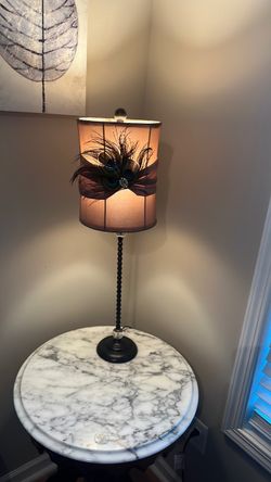 Lamp-with linen and feather accents