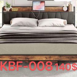 King Size Bed Frame, Storage Headboard with Charging Station(KBF-008)
