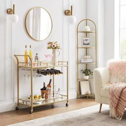 Storage Rack Serving Cart 2-Tier Bar Cart for Home, Kitchen Serving Cart with Lockable Wheels & Wine Rack & Glass Holder, Mobile Beverage Cart Storage