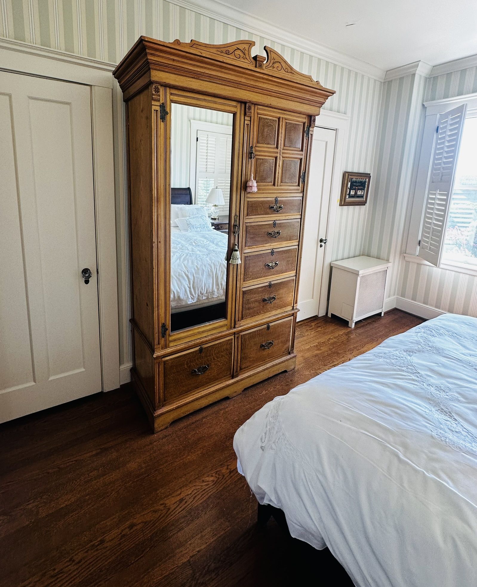 Vintage French Provincial Armoire With Beveled Mirror, Brass Hardware & Hidden Wardrobe Compartment