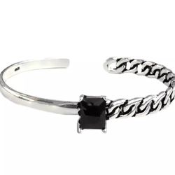 925 Sterling Silver Women's Black Stone Cuff Bracelet Band Gift 