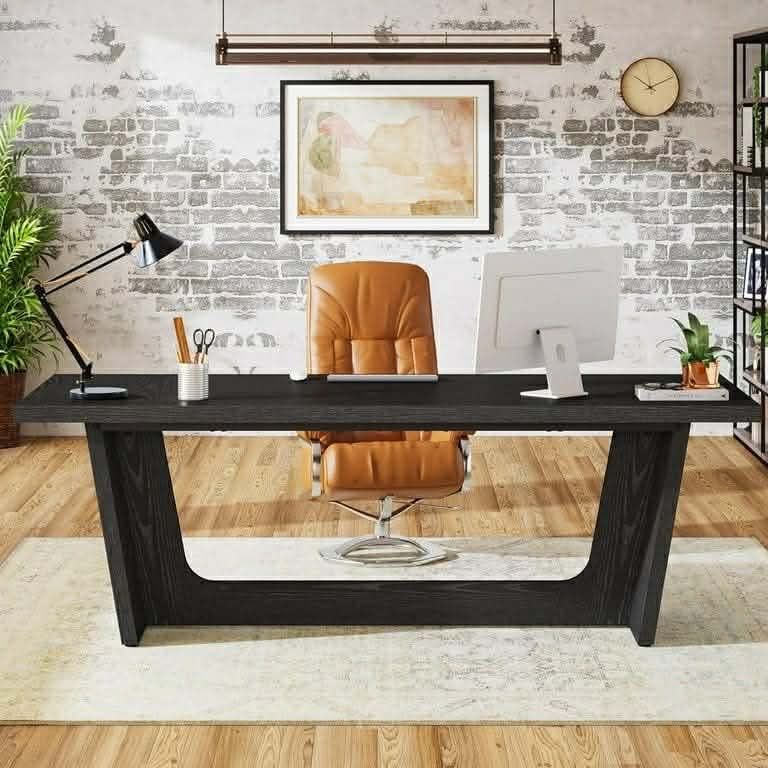 70.87 Inch Executive Computer Desk with Solid Wood Pedestal Black