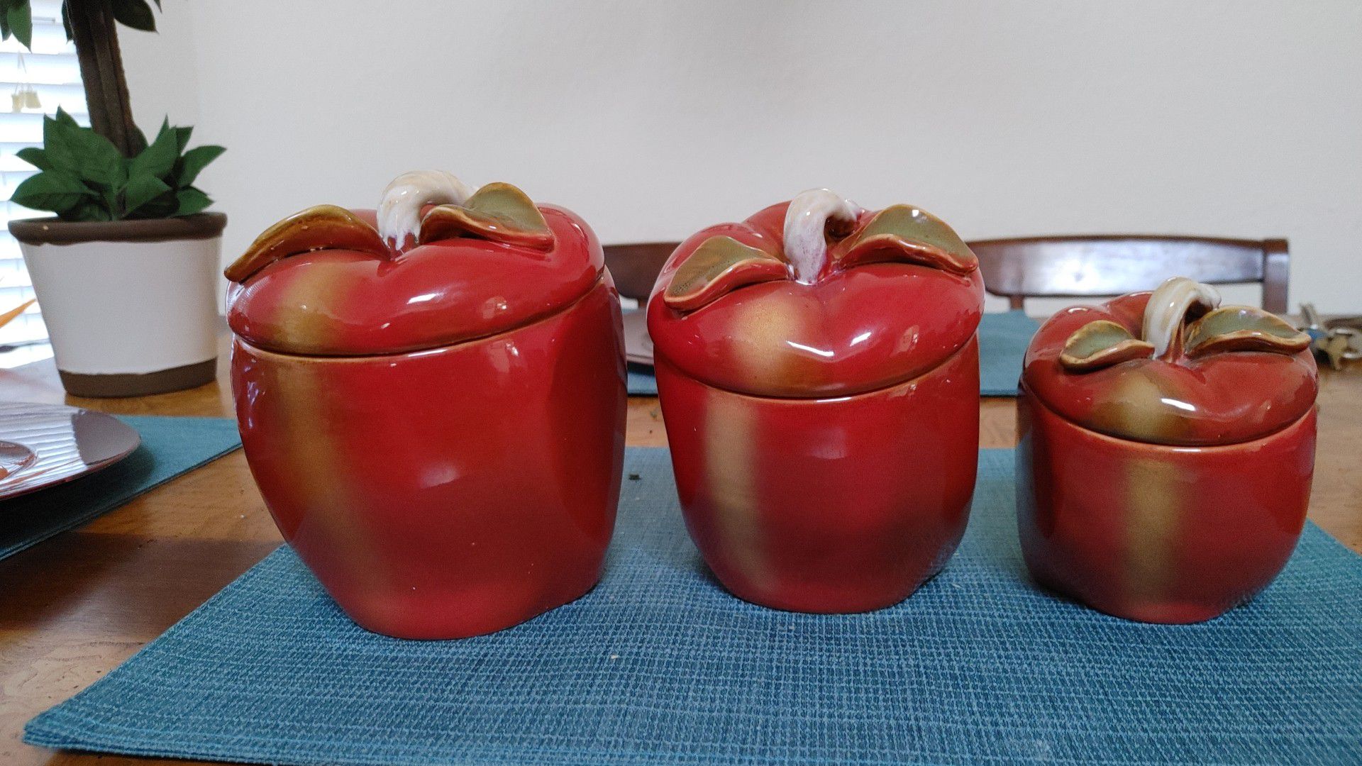 3 apple canisters ceramic