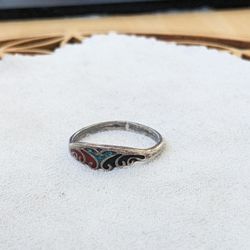 Sterling Silver, Turquoise, Red Coral, Onyx Mexican Ring Aztec Native Indigenous 