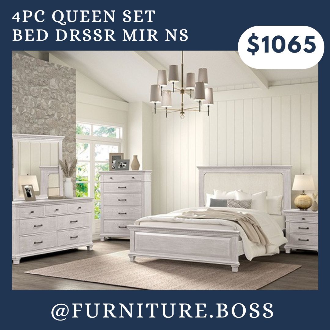 4pc Bedroom Furniture Set - Queen Bed + Dresser + Mirror + 1 Nightstand