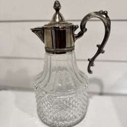 Vintage Silver Plated Top Glass Claret Carafe Decanter Pitcher 10.5"