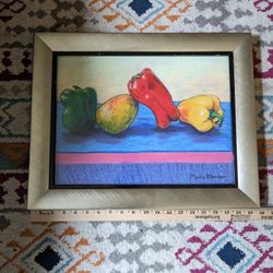 Three Peppers And A Mango Oil Pastel By Award Winning Artist Marcia B Hansen 