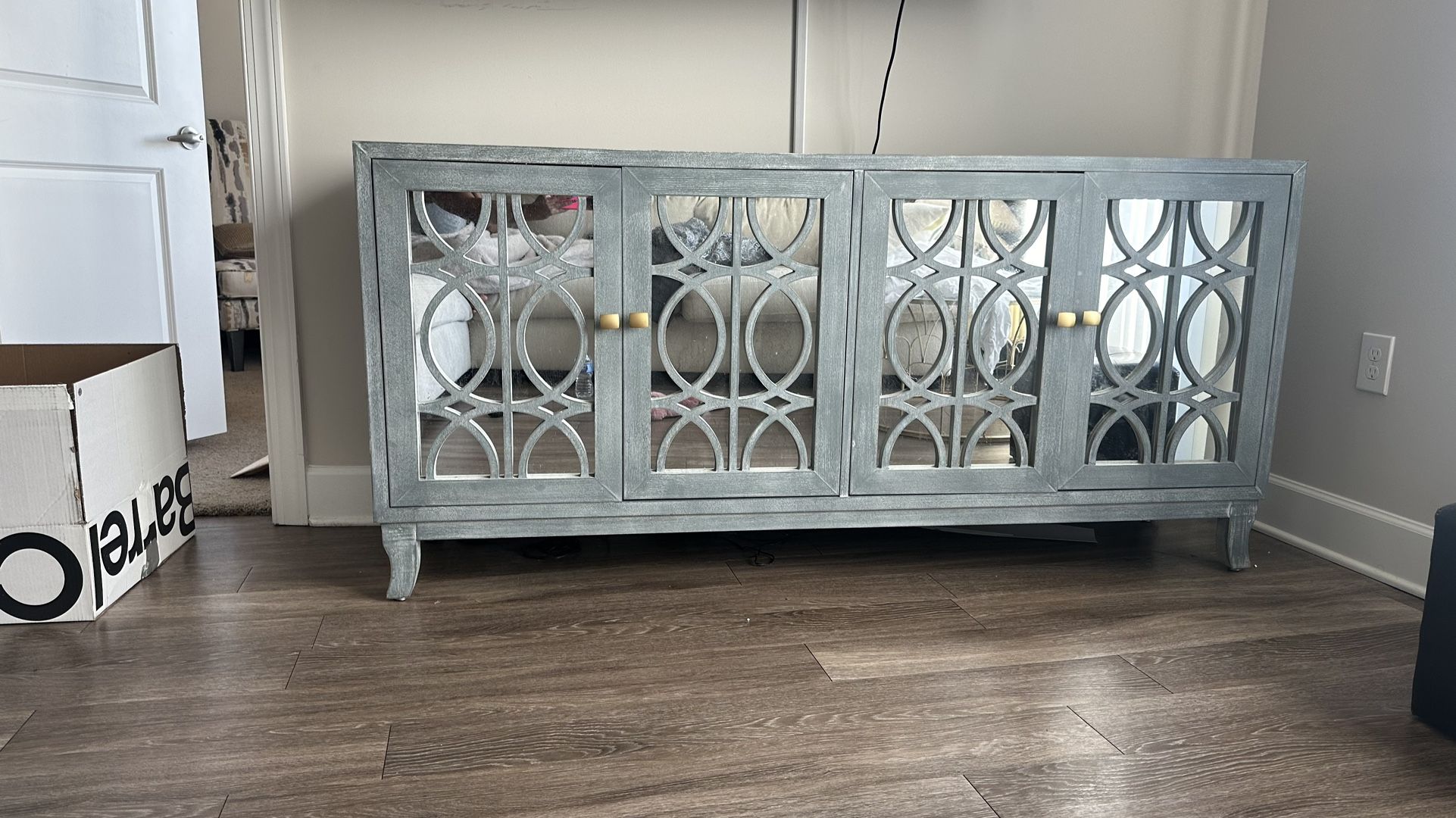 Gray Mirror Credenza. 