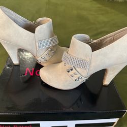 Not Rated Soft Suede Beige studded ankle heeled booties