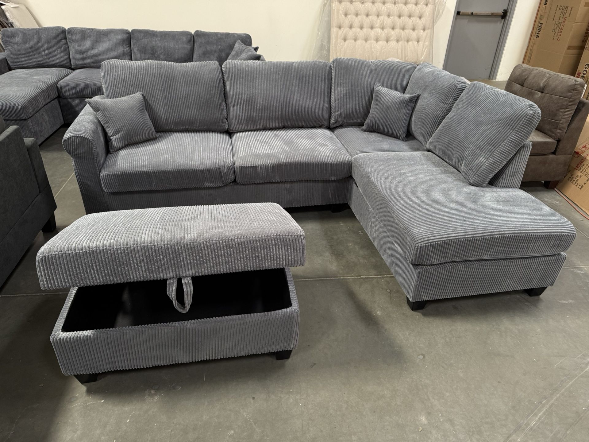 New! 106” Plush Sectional Sofa With USB PORTS, Cordoroy Couch, Grey Sofa, Grey Sectional, Grey Couch, Light Grey Sofa Couch And Storage Ottoman, Couch