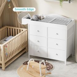 BOLUO Changing Table Dresser with 6 Fabric Drawers, Baby Dresser with Changing Table Top Diaper Changing Station with Storage for Nursery Modern