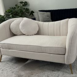 Like New White Fabric Sofa w/ Gold Legs – $500 Retail