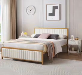 Bed Frame, Gold Full Metal Frame, Heavy Duty Metal Foundation, Platform Bed with Upholstered Headboard