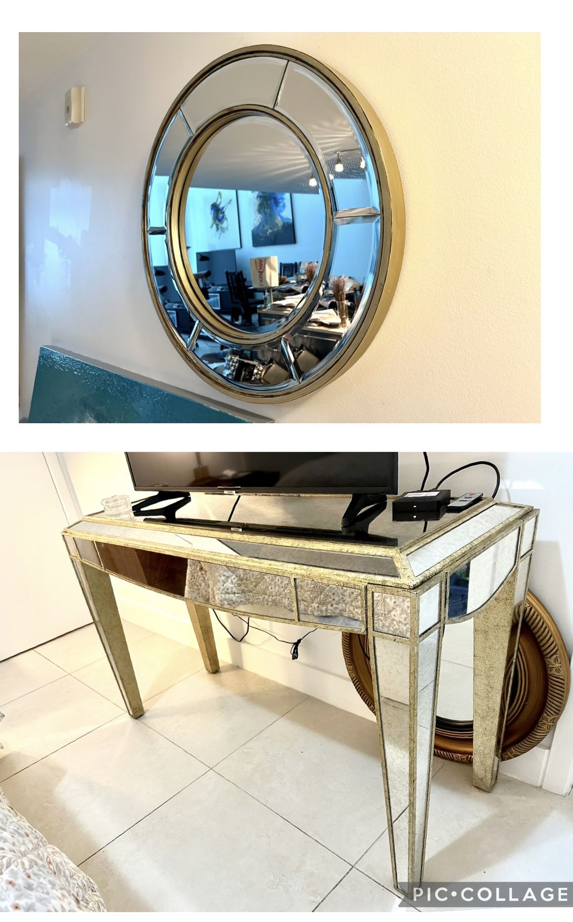 Hollywood Regency Style Distressed Mirrored Console table + Mirror