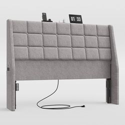 Ergonomic Headboard Full Size with Charging Station, Dark Grey Linen Wingback Headboards Full with 2 Storage Pockets, Upholstered Headboard Only, 2 Be