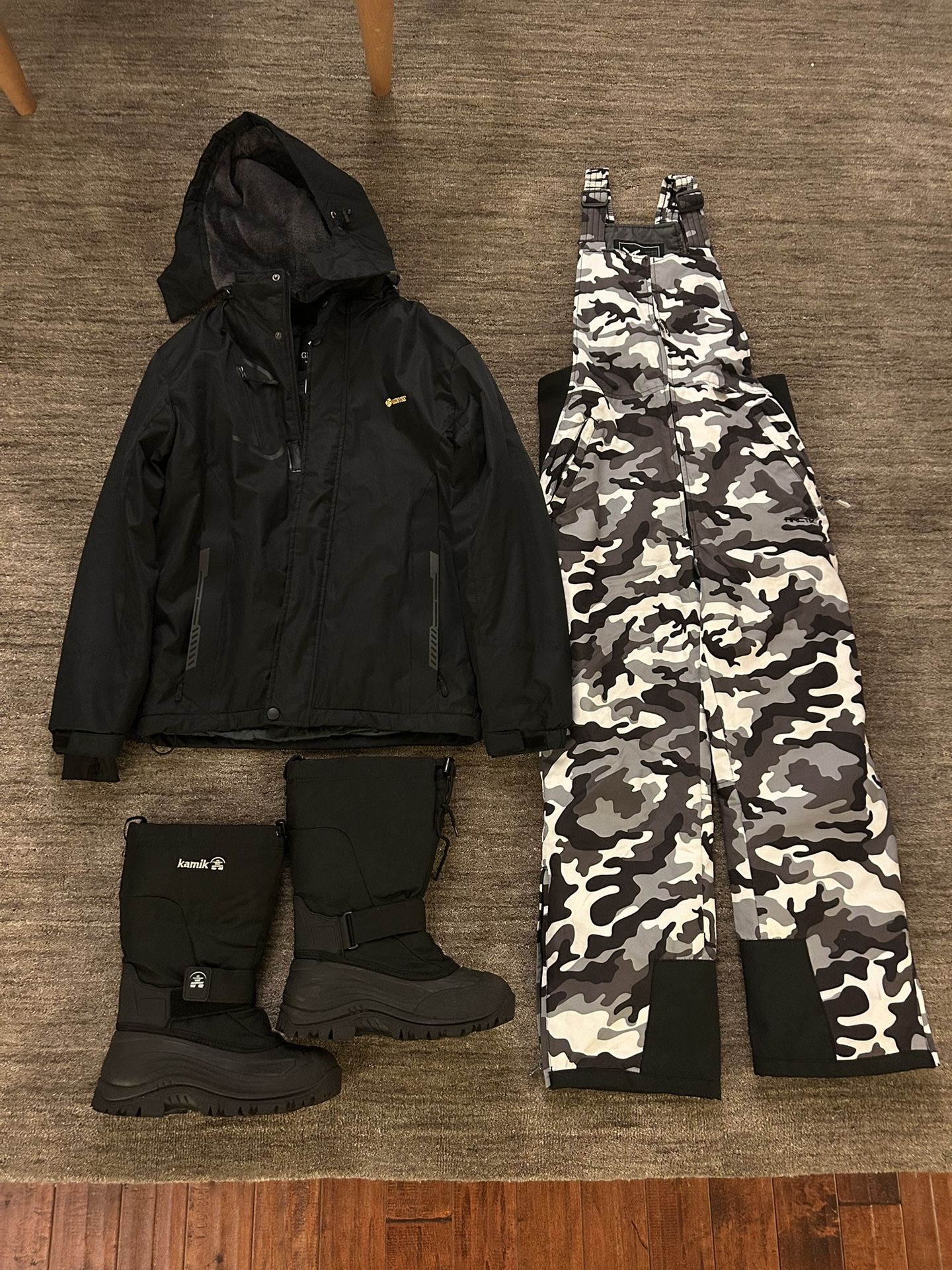 Snow Bib , Jacket, and Boots - Like New
