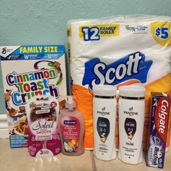 Bundle, Razors, Hand Soap, Shampoo, Toothpaste, Bath Tissue, Cereal 