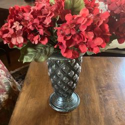 Leaded  Glass Vase With Red Hydrangea
