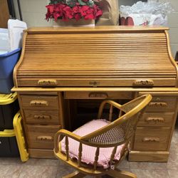 Roll Top Wooden. Desk With Filing Cabinet and Chair 