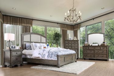 Wire Brushed Grey Contemporary (4) Piece Bedroom Set with Upholstered Headboard- Queen or King (NO CREDIT CHECK FINANCING AVAILABLE)