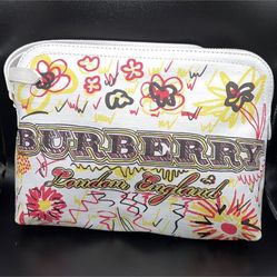 Women's Large Zip-top Doodle Print Coated Canvas Pouch White Wallet