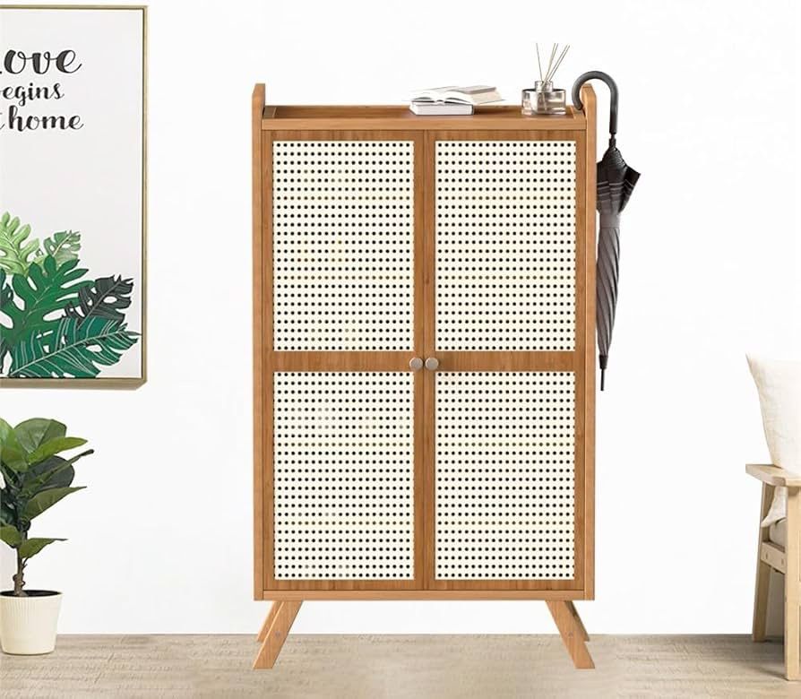 6-Tier Bamboo Shoe Cabinet, Hallway Shoe Storage Rack with 2 Doors, Standing Shoe Organizer for 18 Pairs of Shoes,