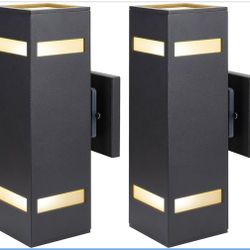 Brand New Aluminum Modern Outdoor Wall Lights, Exterior Up Down Light Fixture Square Cylinder Porch Wall Lantern Sand Textured Black with Frosted Glas