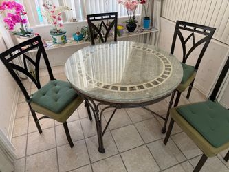 Round Marble Inlay Dining Table with Metal Base