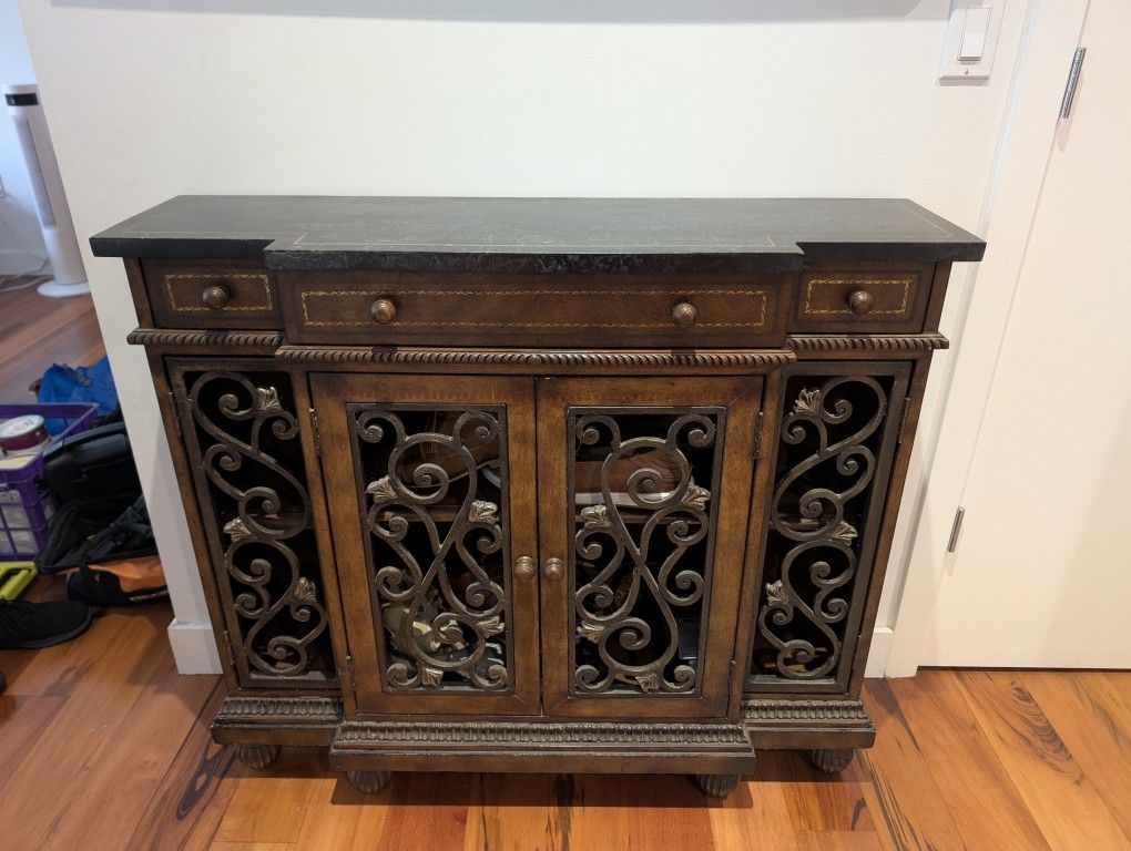 Elegant Hall Cabinet / Console Table - Fossil Stone Top, Wrought Iron Accents