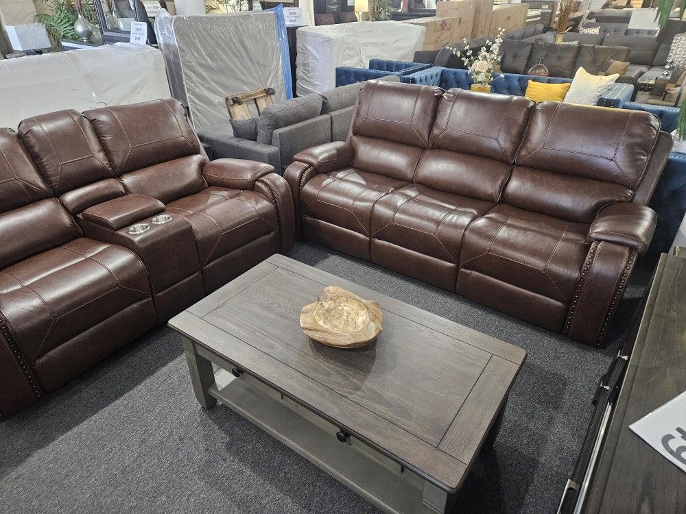 Brand New Brown Bonded Leather Manual Reclining Sofa + Loveseat With Cup Holders And Charging Ports