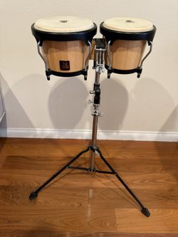 LP Aspire series wood bongos with a natural finish, mounted on a stand - Great Condition - $125 Cash Firm