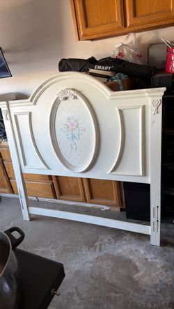 White Wood Headboard with Floral Oval Panel