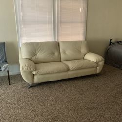 Very Good Condition Heavy Duty White Leather Couch With Like New Coffee Table 