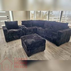 4- Piece Black Corduroy Sectional Sofa Set With Ottoman