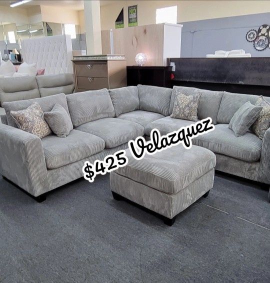 ✅️✅️ 4pc  for grey corduroy fabric upholstered sectional sofa with ottoman ✅️✅️