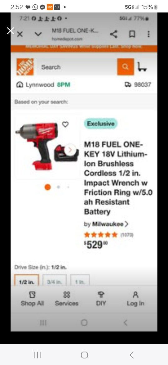 Milwaukee fule m18 1/2 in square Impact Wrench 250 or 350 with 5ah Battery and charger