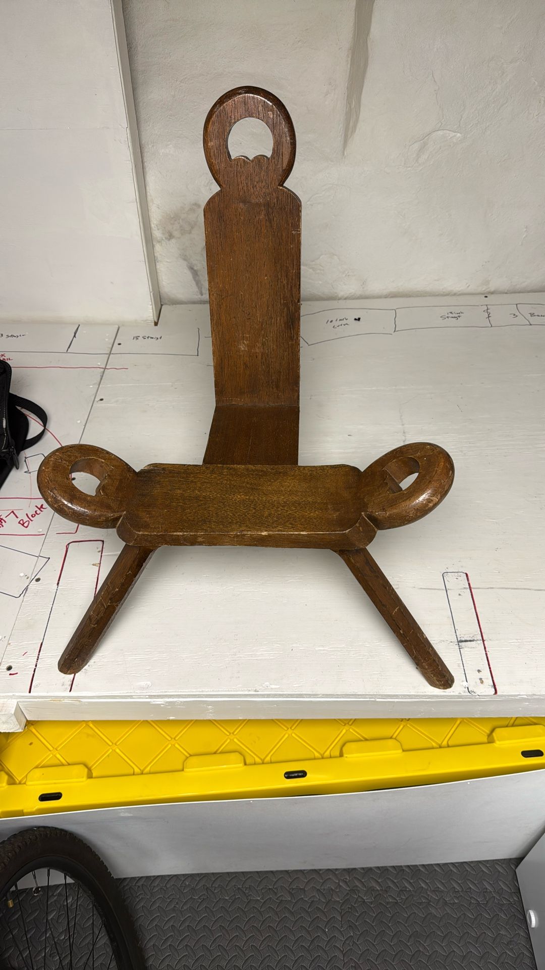 Mid-century Brutalist oak tripod stool, vintage 1960s